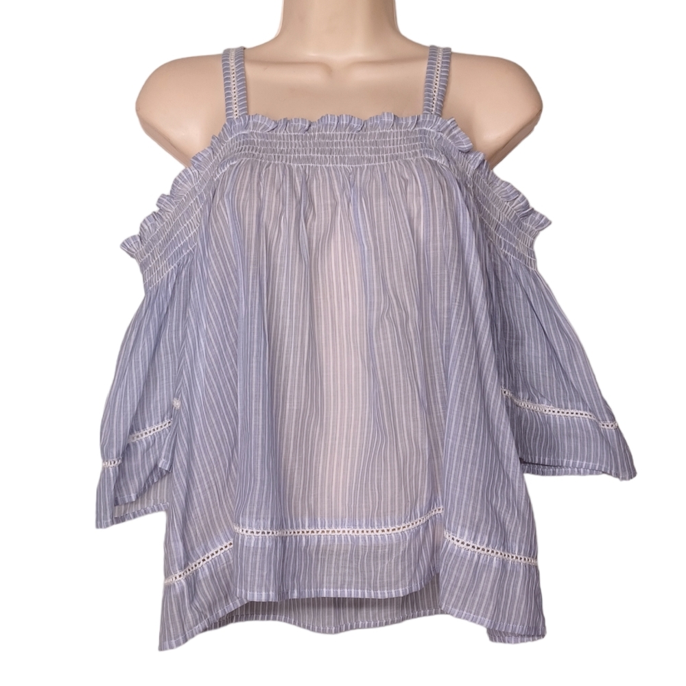 FOREVER 21 Light Blue White Thin Stripe Print Cold Shoulder Top Medium